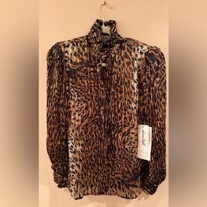 Gorgeous Vintage 1980s Leopard Print Silk Ruffle Collar Blouse NWTS